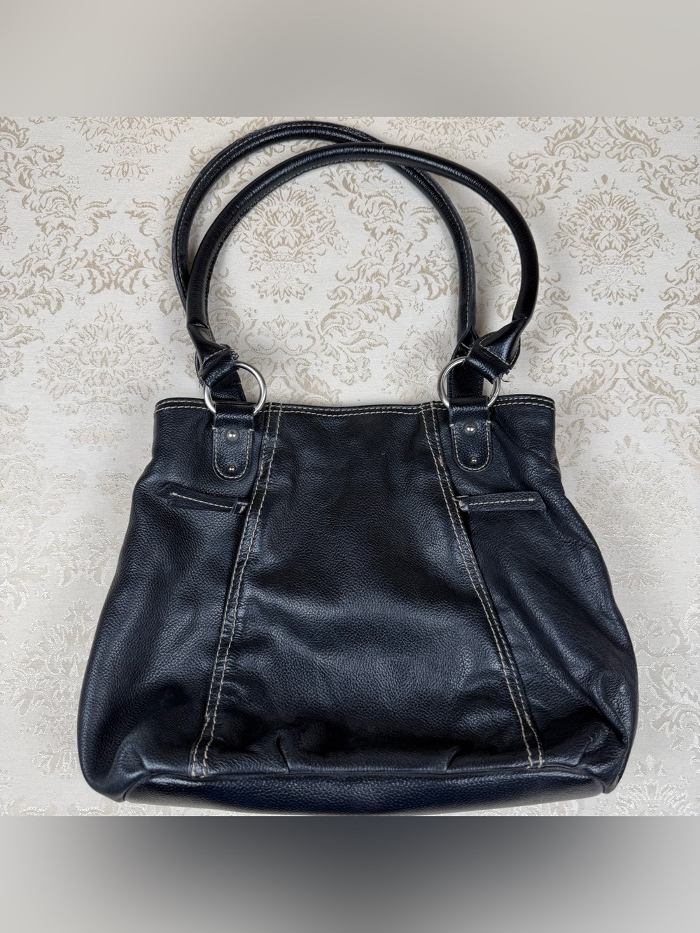 Target Classic Black Leather Handbag with Double Handles, Pockets, Soft
